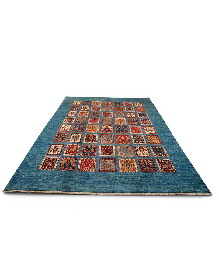 Border detail of multicolour Afghan Gabbeh hand-knotted rug