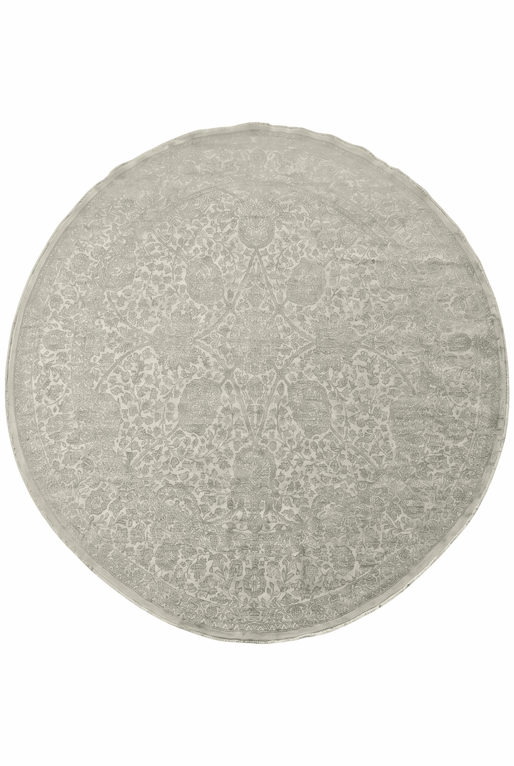 Sage and cream concentric floral round rug, 245×245cm, wool and silk