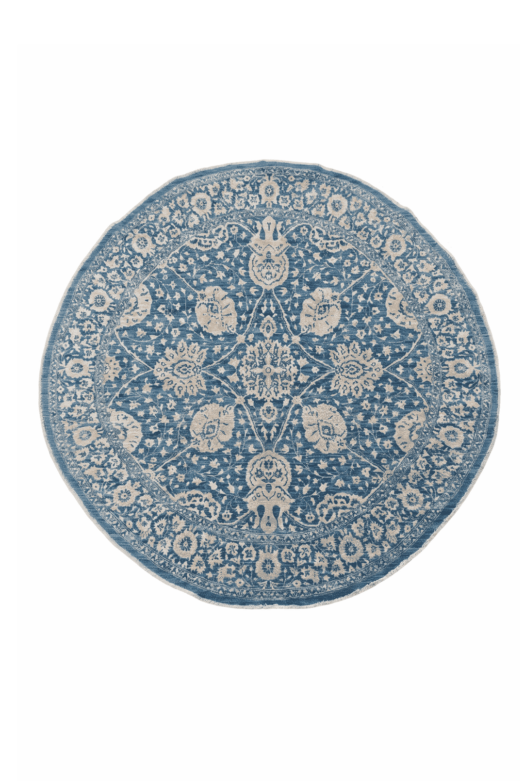 Slate blue and cream radial floral round rug, 185×188cm, wool and silk