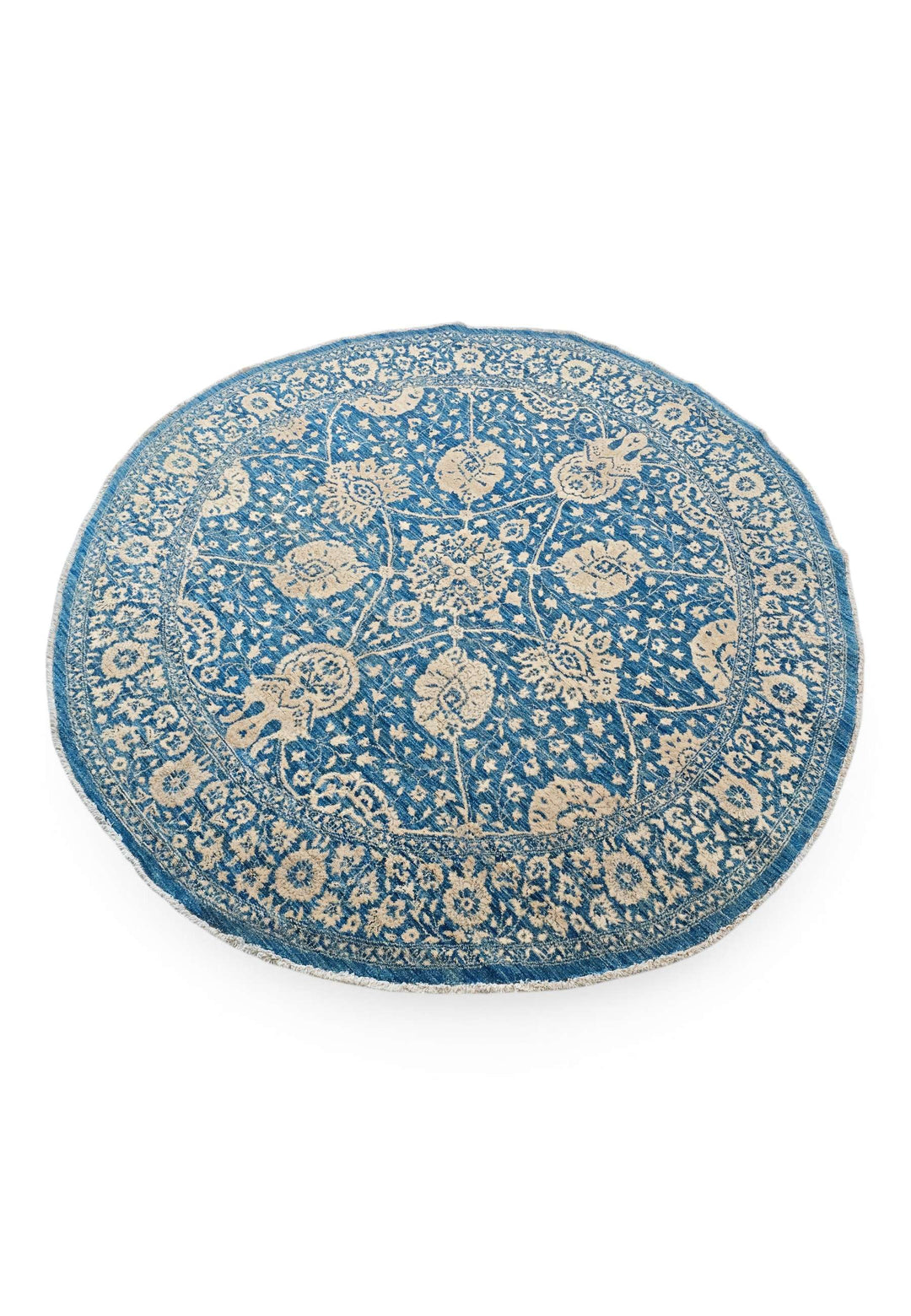 Wool and silk pile of slate blue round rug, 185×188cm