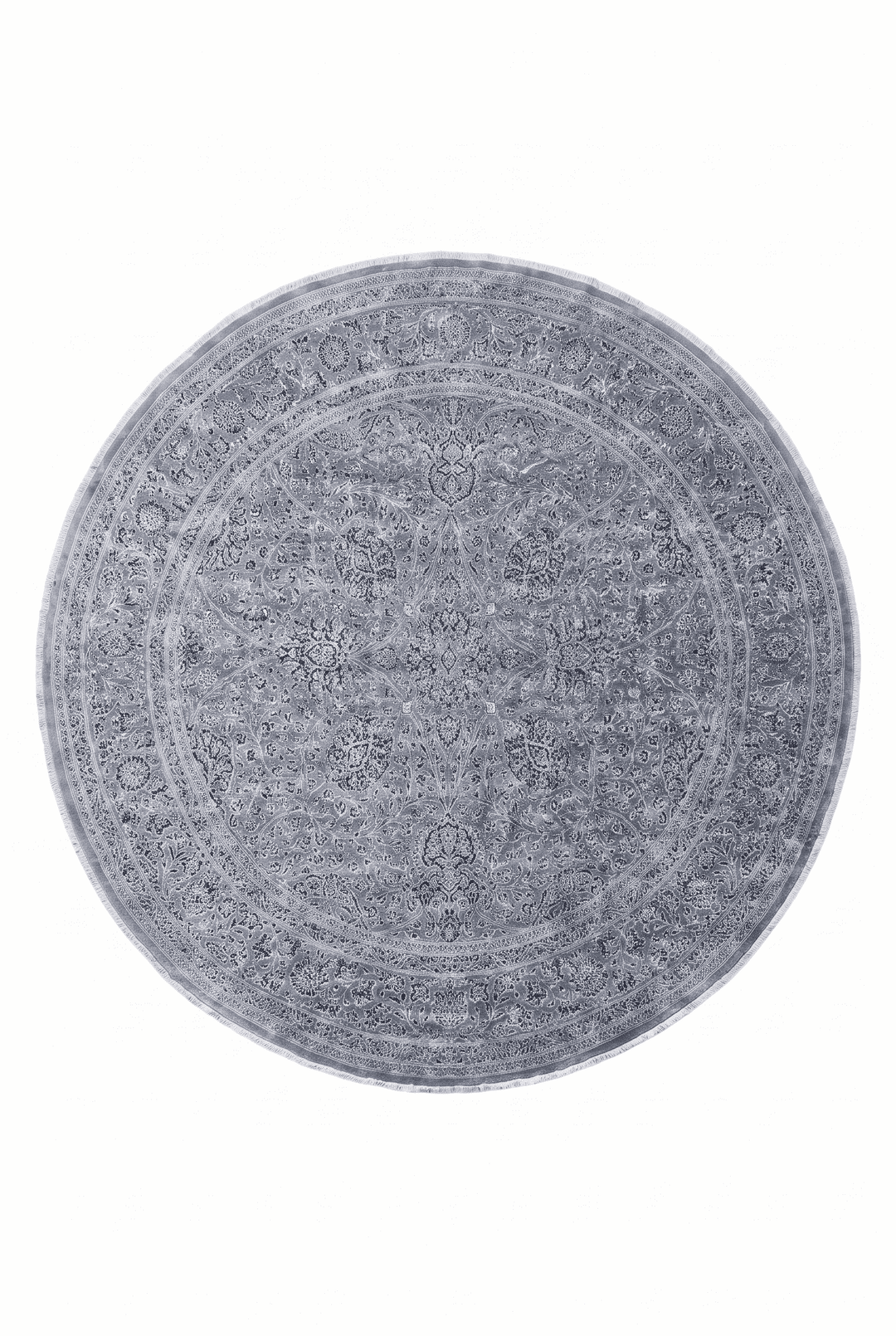 Slate blue and silver floral round rug, 243×242cm, wool and silk