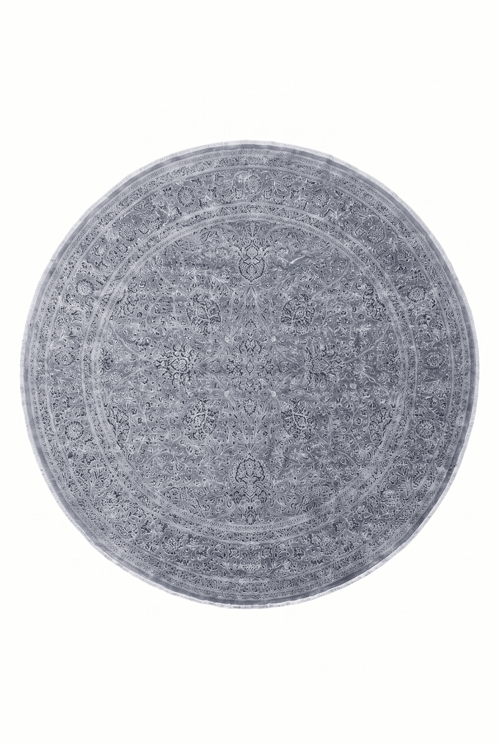 Slate blue and silver floral round rug, 243×242cm, wool and silk