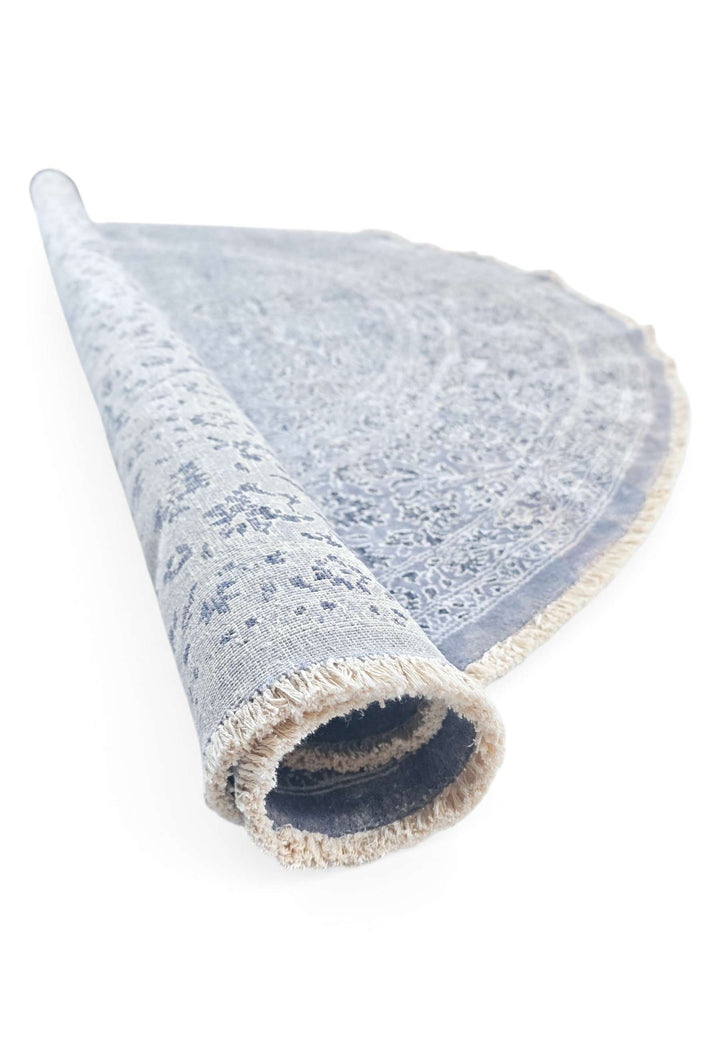One-of-a-kind slate blue and silver round Ghazni rug
