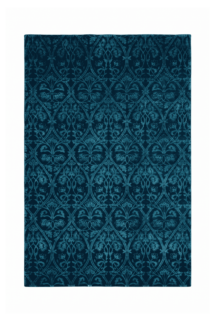 Teal Blue Afghan Ghazni Silk Rug, floral design, hand-knotted, 180×278cm
