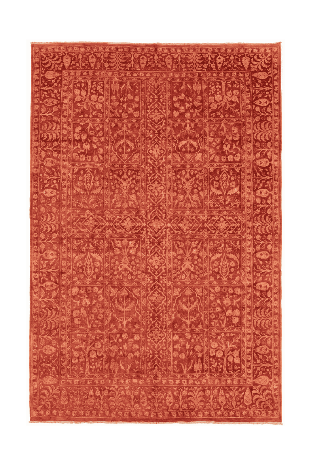 Terracotta red garden panel Ghazni rug in wool and silk, 170×253cm