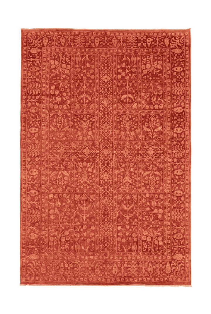 Terracotta red garden panel Ghazni rug in wool and silk, 170×253cm