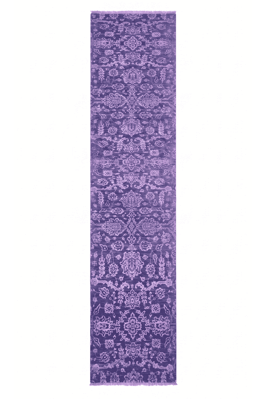Violet and lilac all-over palmette Afghan runner in wool and silk, 75×347cm