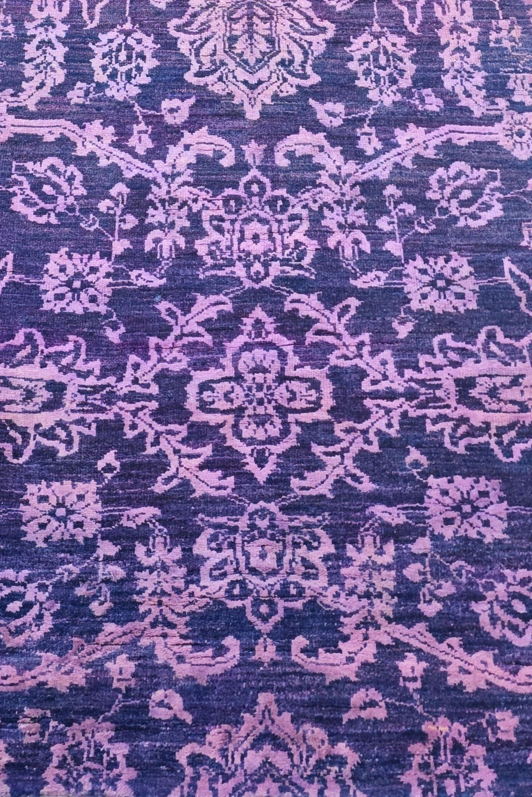 Hand-knotted violet Afghan runner with silk palmette highlights
