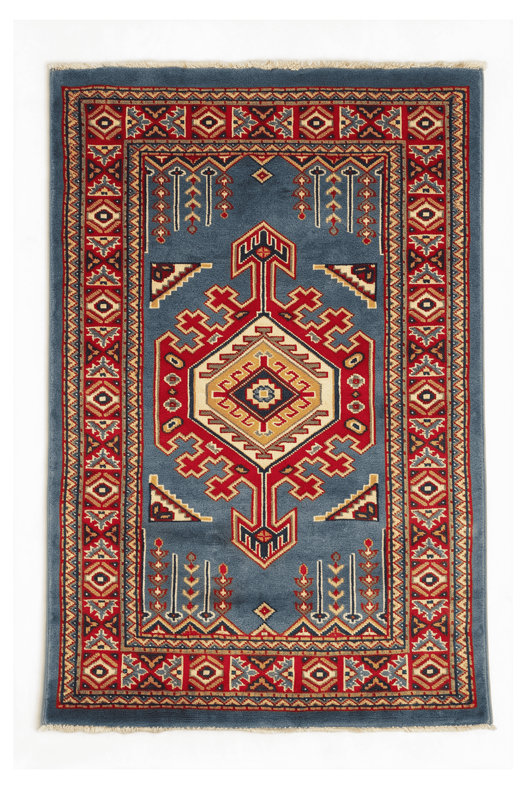 Blue Afghan Kazak Rug, geometric design, hand-knotted, 64×91cm