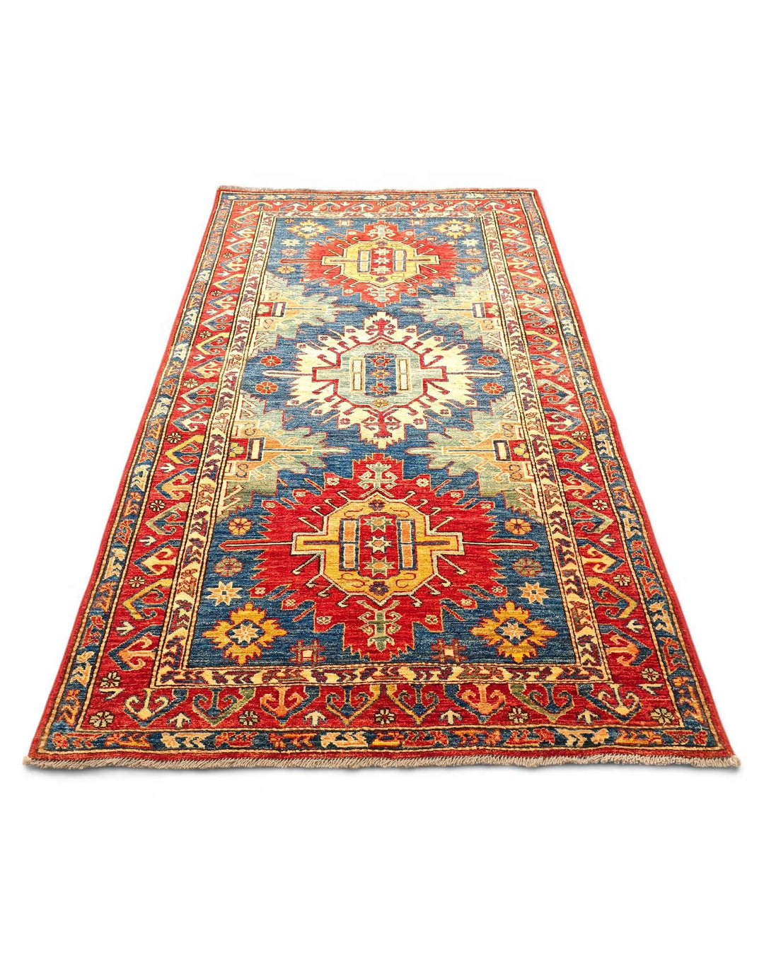 Hand-knotted wool pile of blue red Kazak rug, 120×206cm