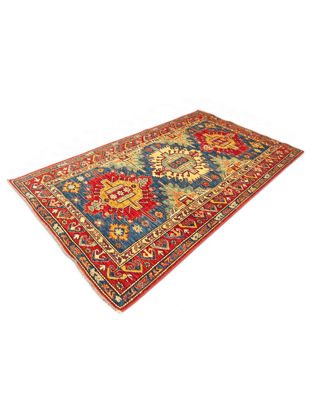 Blue red medallion Kazak rug 120×206cm, bold geometry