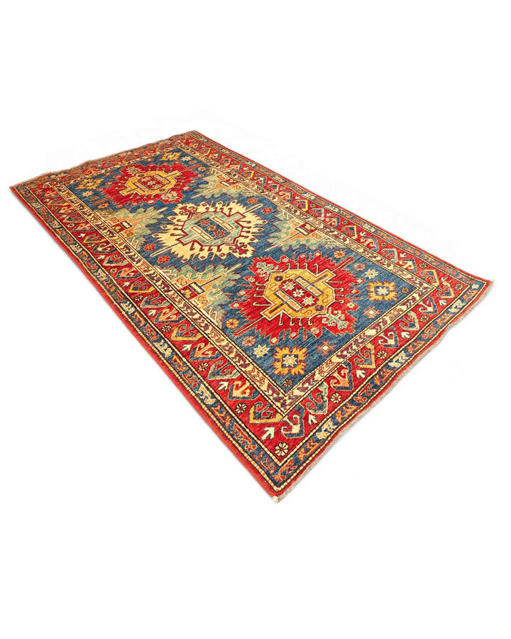 One-of-a-kind blue and red medallion Kazak rug
