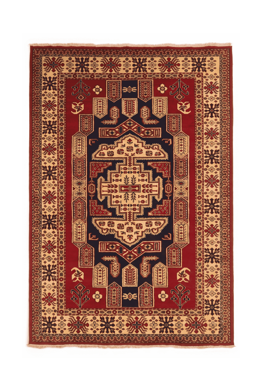 Red and navy Kazak medallion Afghan Sherwan rug, 140×200cm, 2 tatami