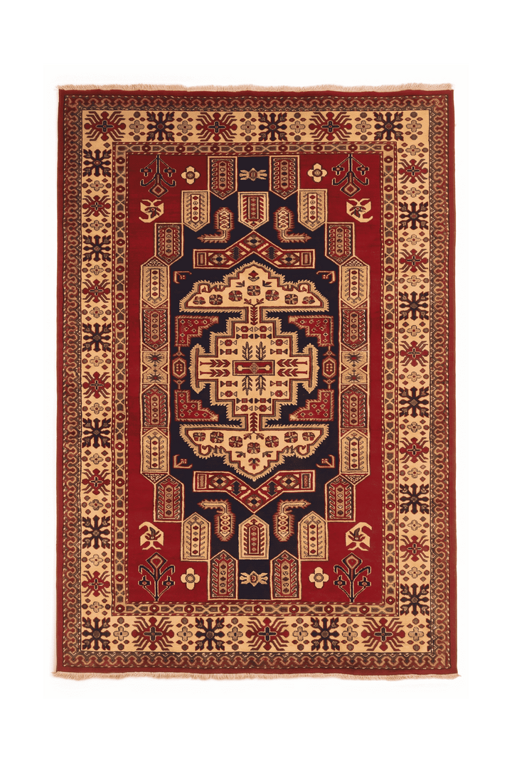 Red and navy Kazak medallion Afghan Sherwan rug, 140×200cm, 2 tatami