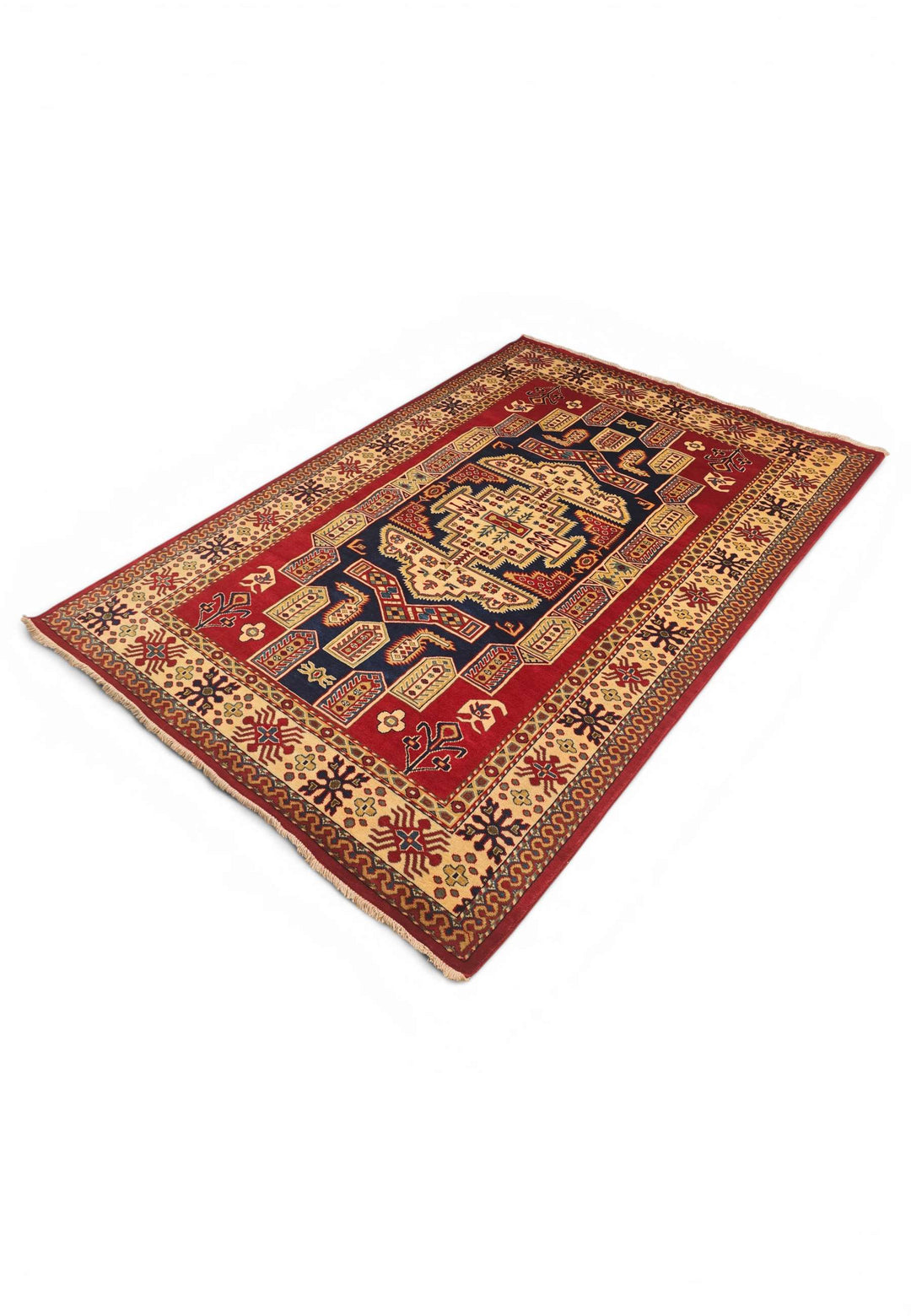 Navy Kazak medallion Afghan rug 140×200cm, about 2 tatami