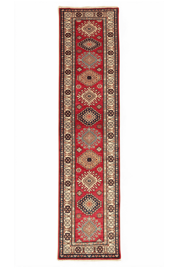 Cherry red and cream starburst medallion Kazak runner, 79×316cm