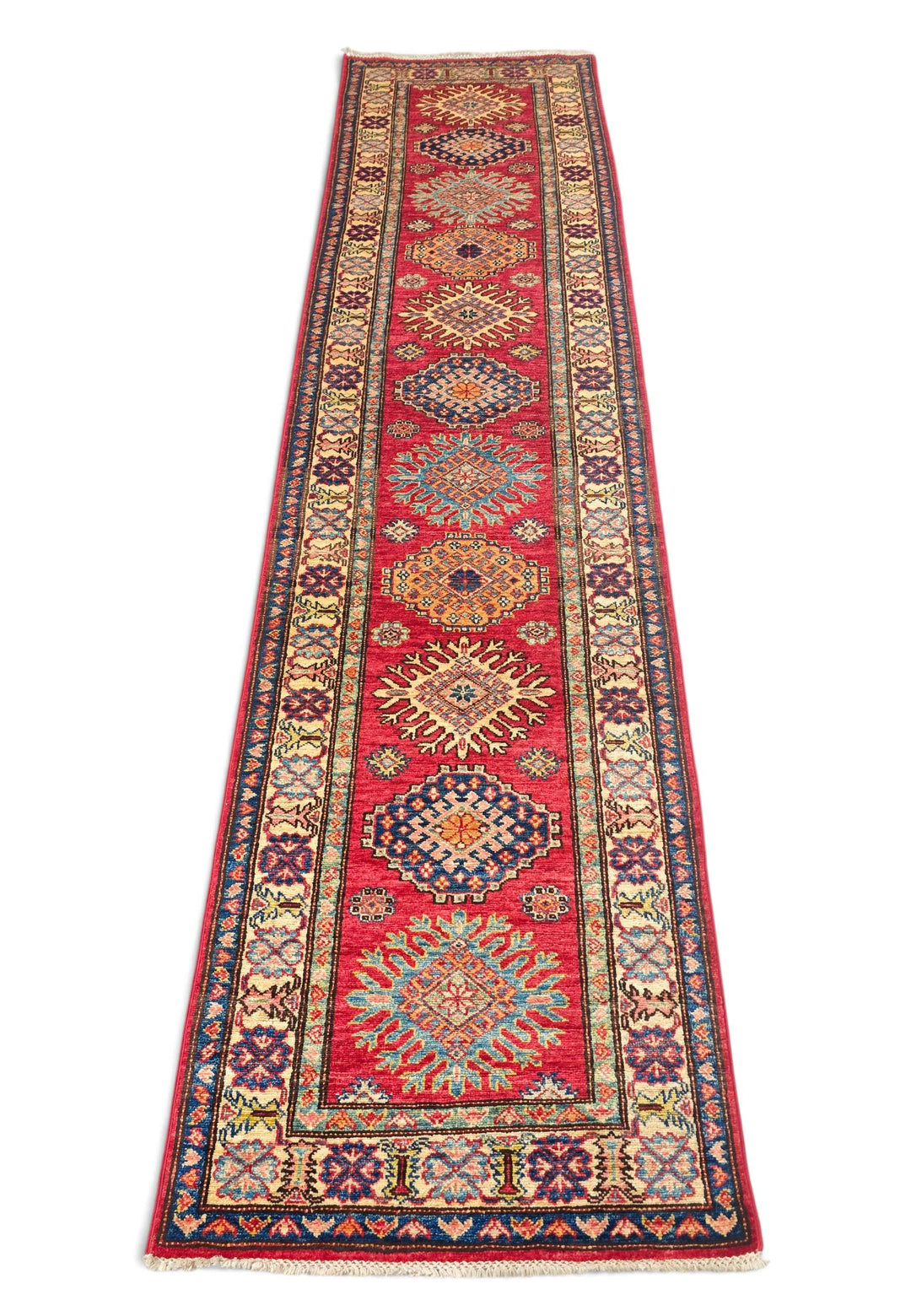 Border detail of cherry red Kazak hand-knotted runner