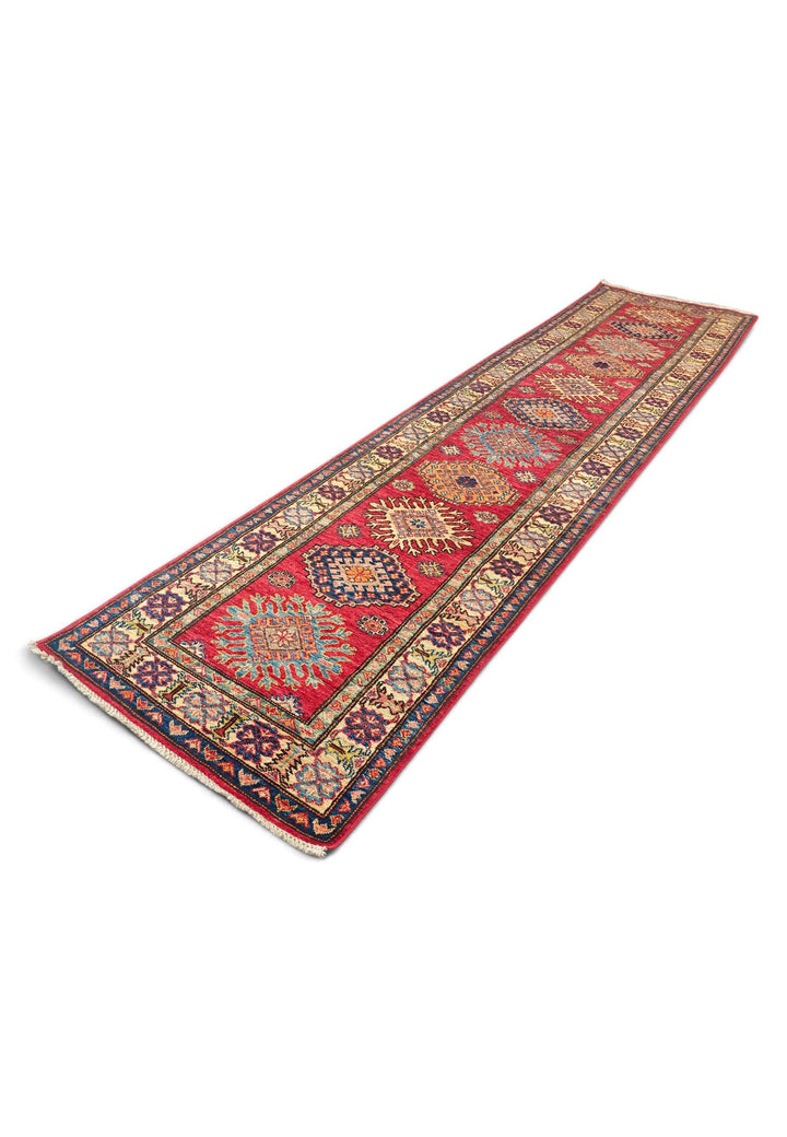 Hand-knotted wool pile of cherry red Kazak runner, 79×316cm