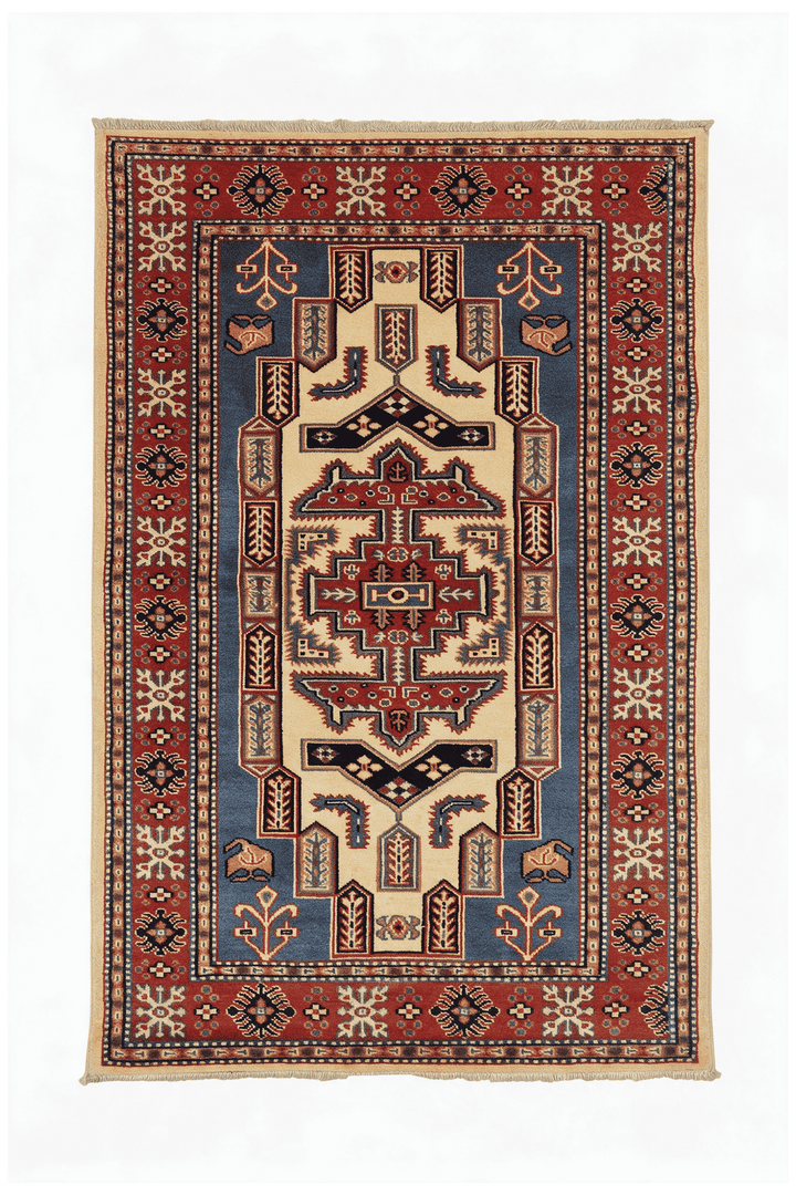 Chestnut Brown Afghan Kazak Rug, geometric design, hand-knotted, 79×117cm