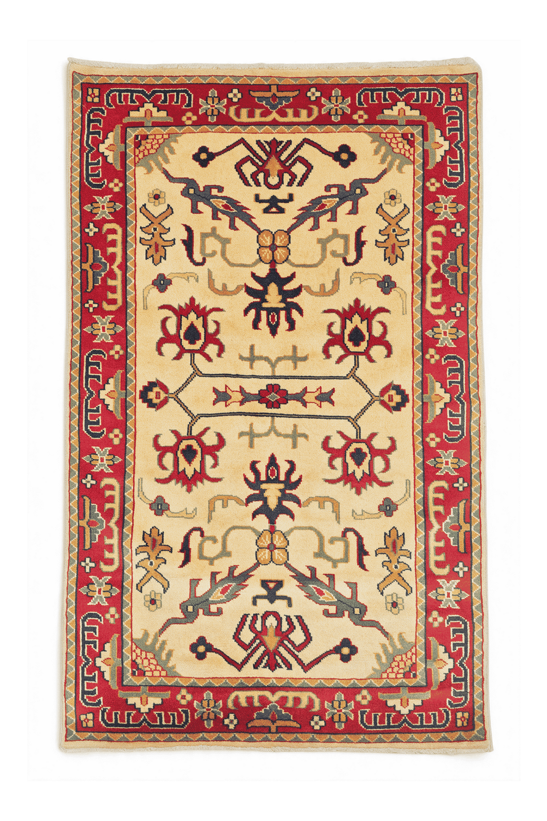 Cream Afghan Kazak Rug, floral design, hand-knotted, 80×121cm