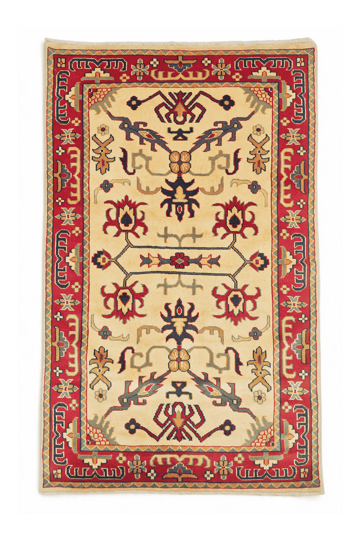 Cream Afghan Kazak Rug, floral design, hand-knotted, 80×121cm
