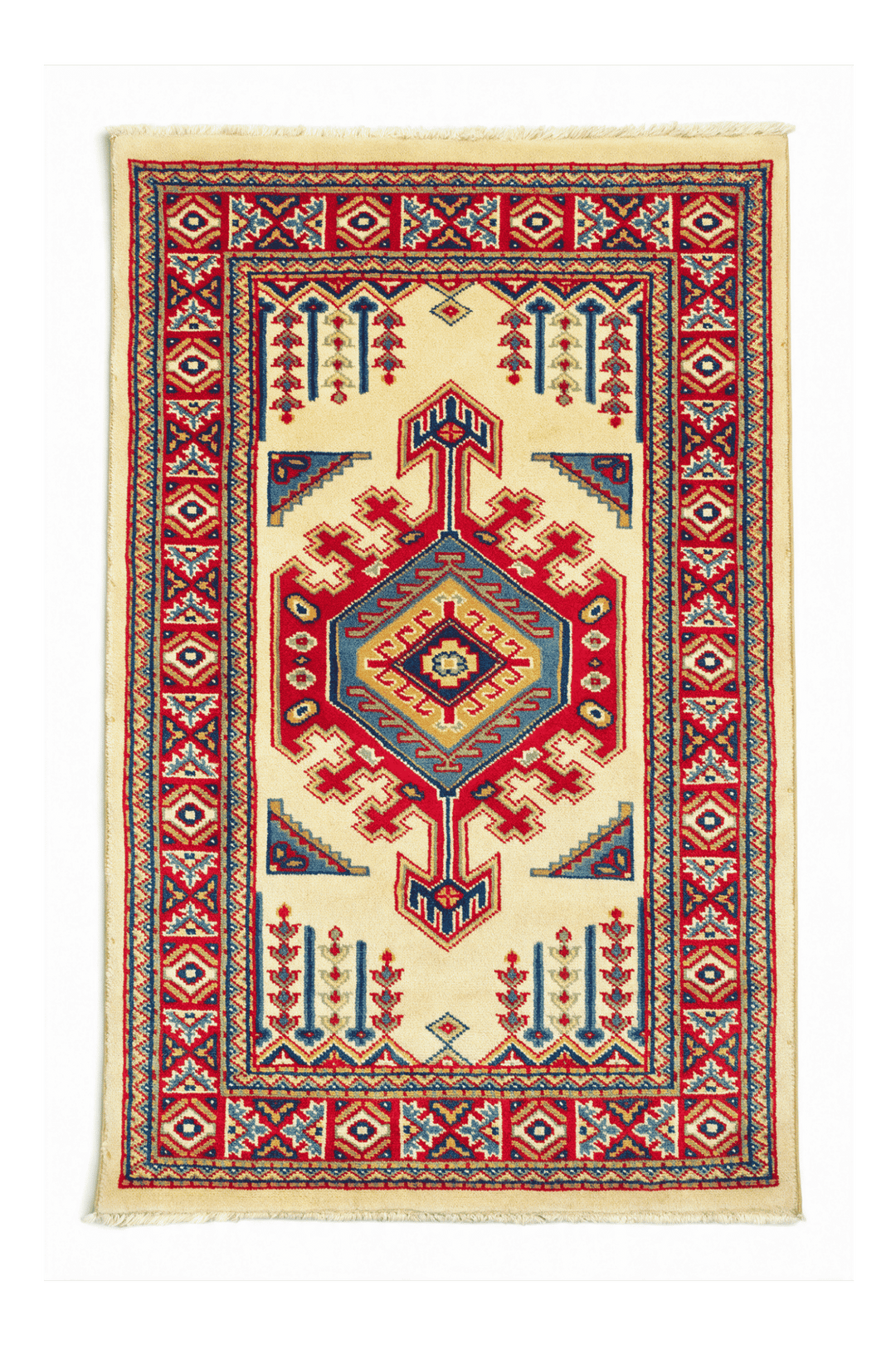 Cream Afghan Kazak Rug, geometric design, hand-knotted, 63×90cm