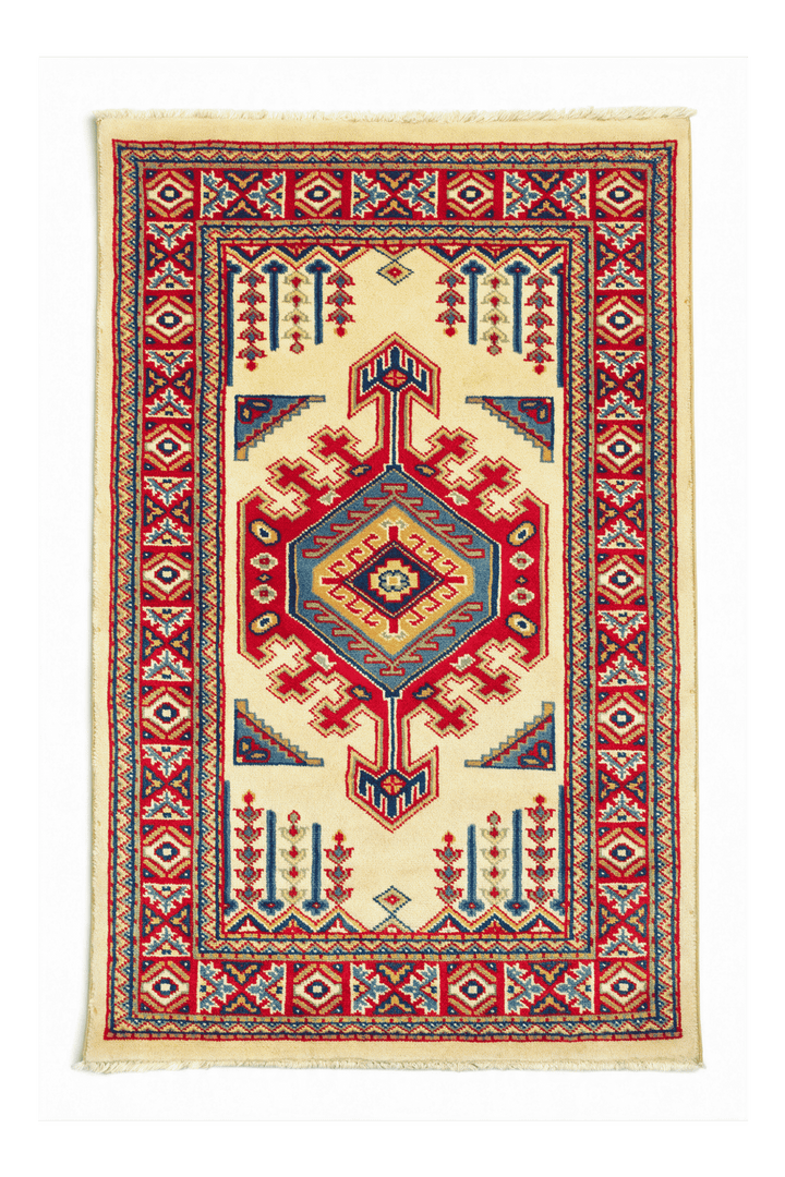 Cream Afghan Kazak Rug, geometric design, hand-knotted, 63×90cm