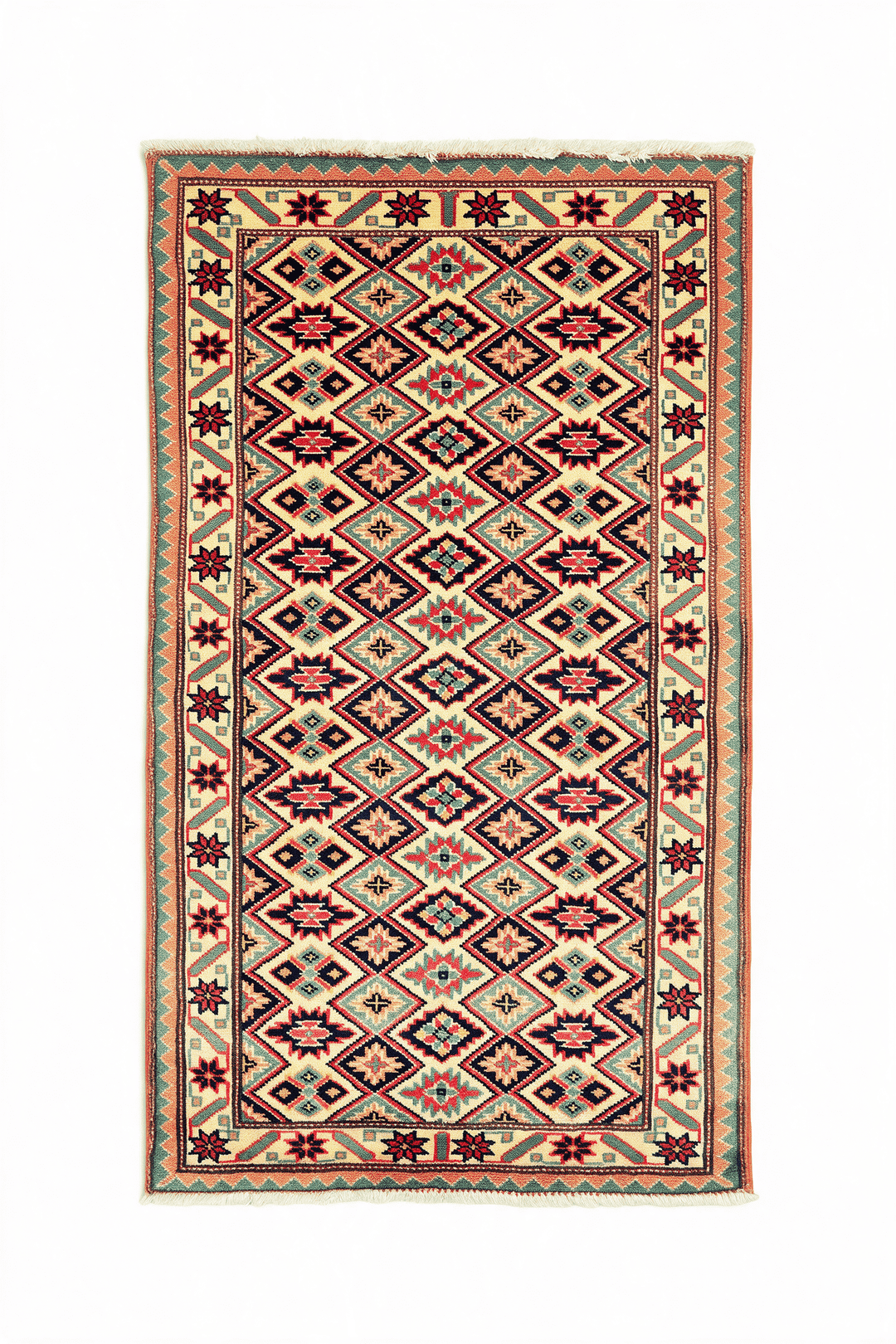Cream Afghan Kazak Rug, geometric design, hand-knotted, 63×92cm