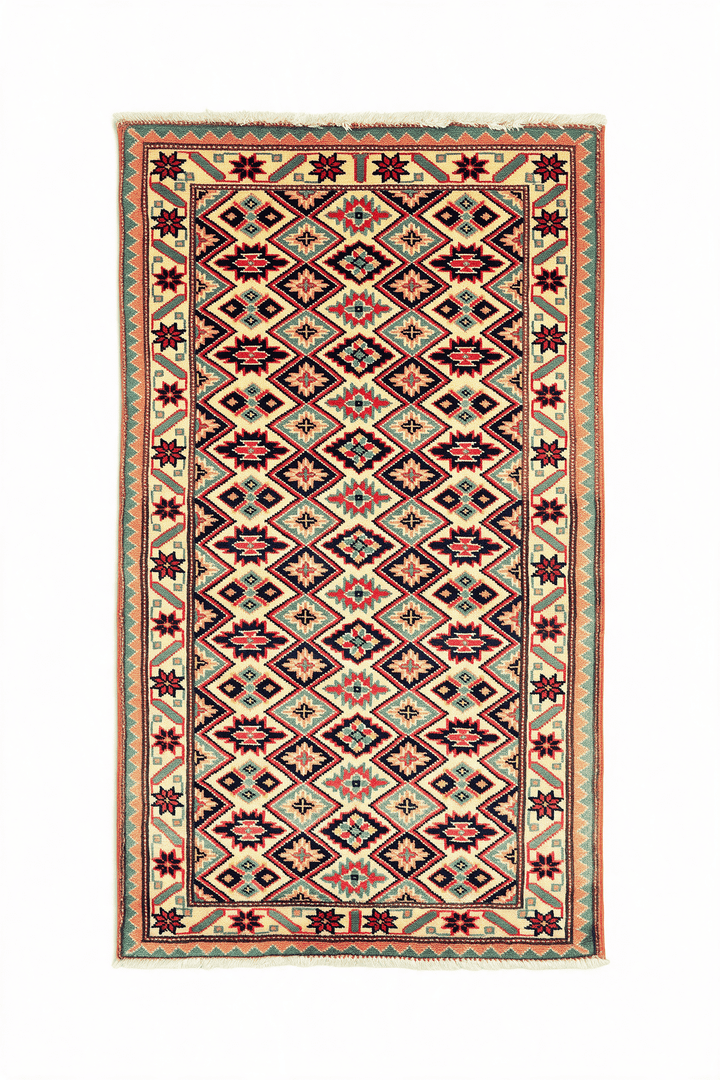 Cream Afghan Kazak Rug, geometric design, hand-knotted, 63×92cm