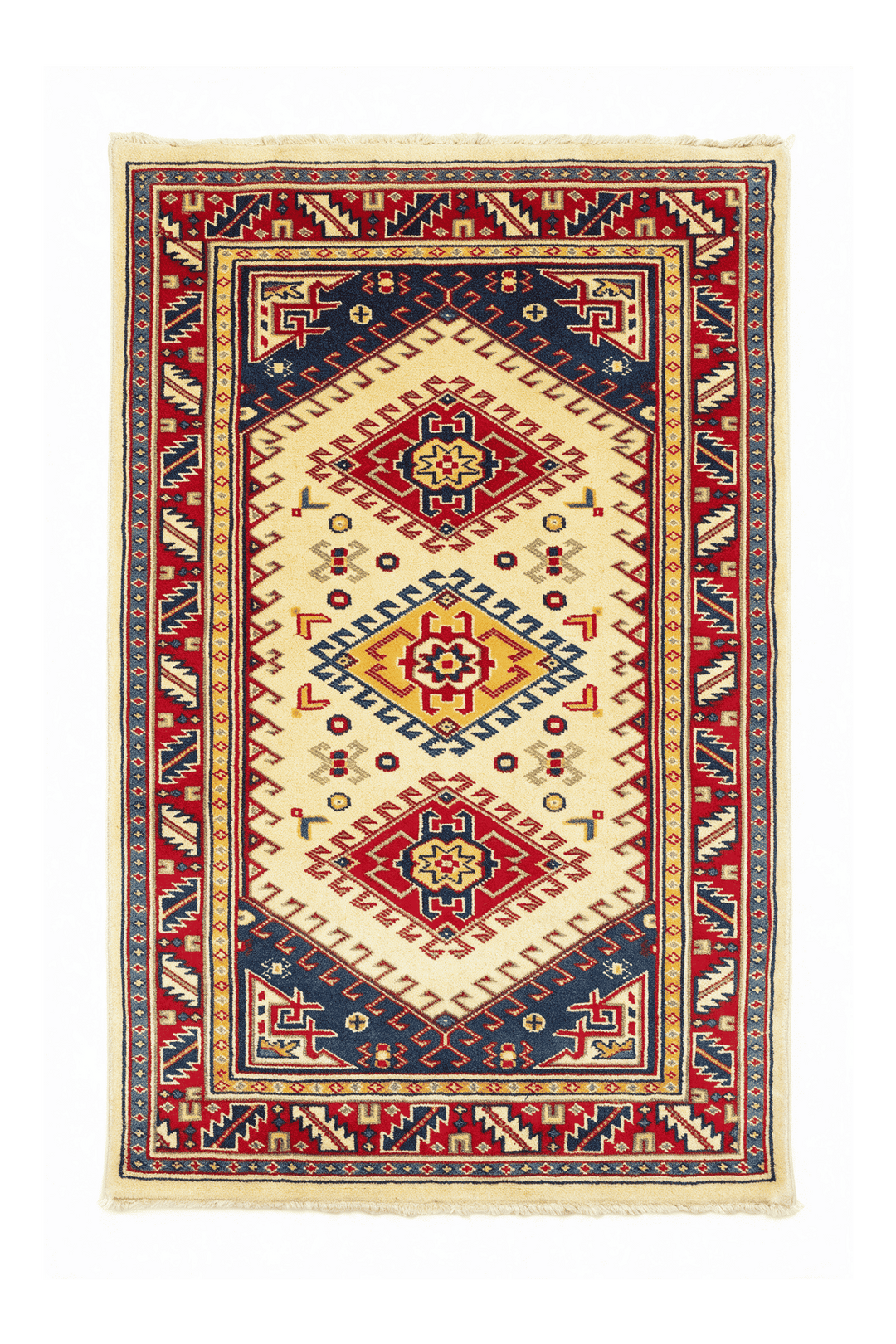 Cream Afghan Kazak Rug, geometric design, hand-knotted, 65×93cm