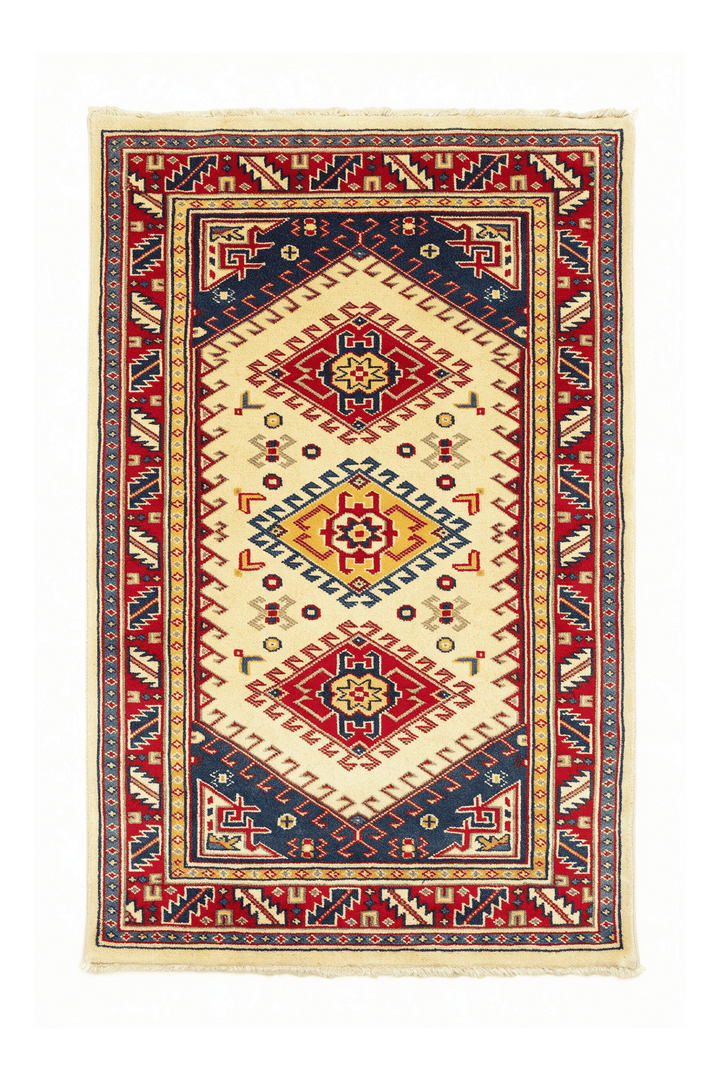 Cream Afghan Kazak Rug, geometric design, hand-knotted, 65×93cm
