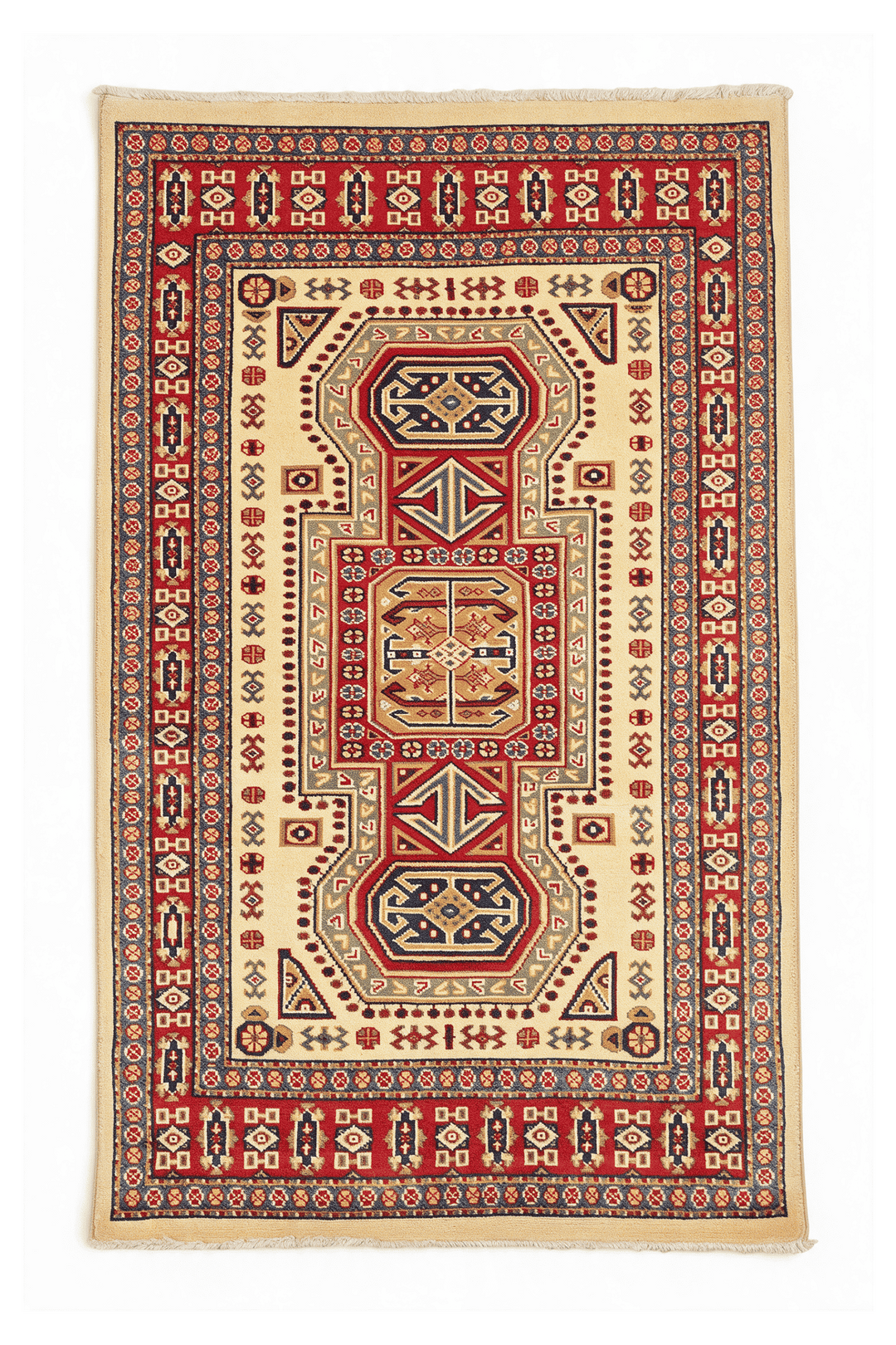 Cream Afghan Kazak Rug, geometric design, hand-knotted, 79×127cm
