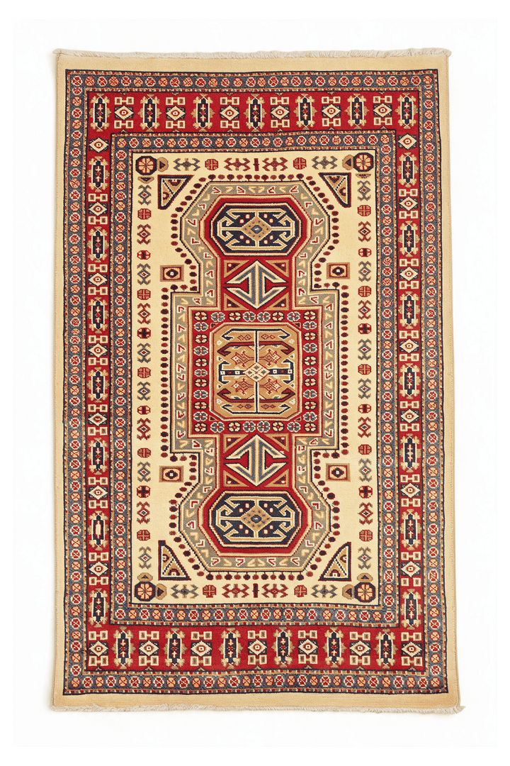 Cream Afghan Kazak Rug, geometric design, hand-knotted, 79×127cm