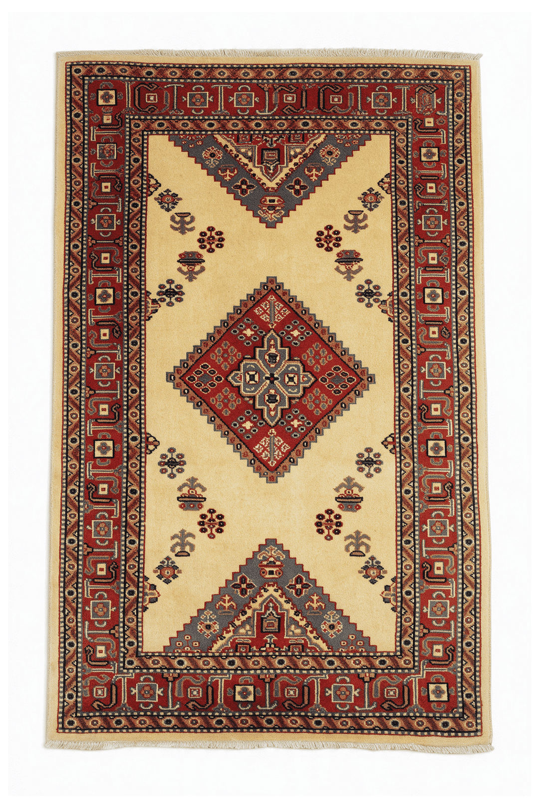 Cream Afghan Kazak Rug, geometric design, hand-knotted, 80×115cm