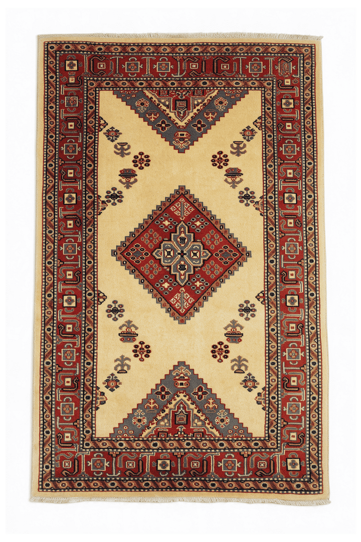 Cream Afghan Kazak Rug, geometric design, hand-knotted, 80×115cm