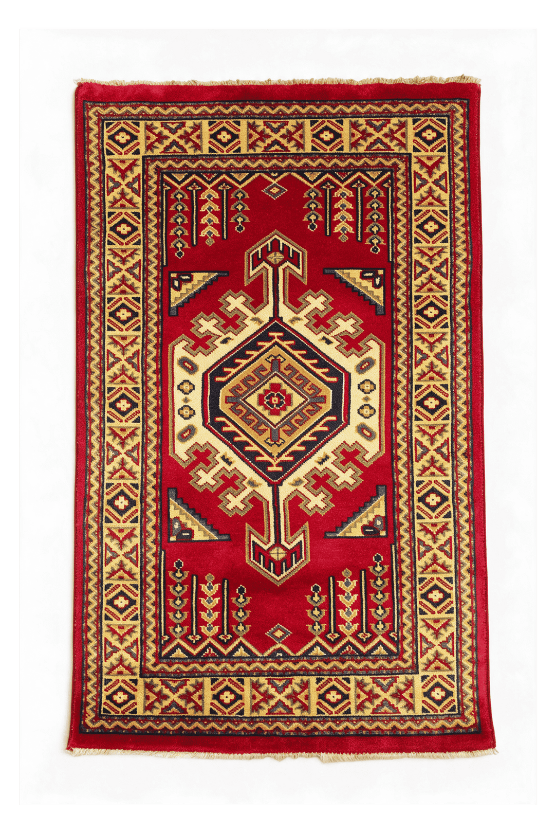 Crimson Afghan Kazak Rug, geometric design, hand-knotted, 62×90cm