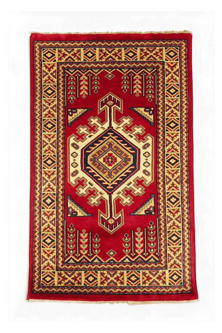 Crimson Afghan Kazak Rug, geometric design, hand-knotted, 62×90cm