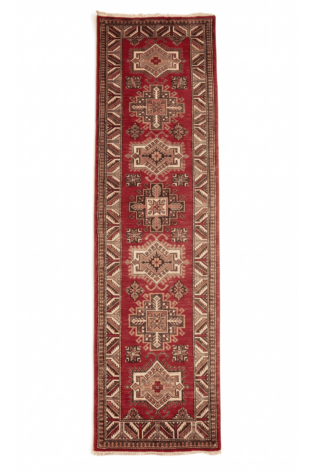 Deep red and cream stepped medallion Kazak runner, 79×247cm