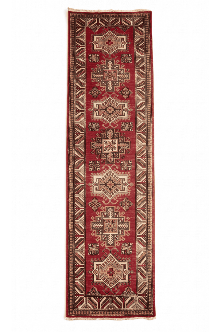 Deep red and cream stepped medallion Kazak runner, 79×247cm