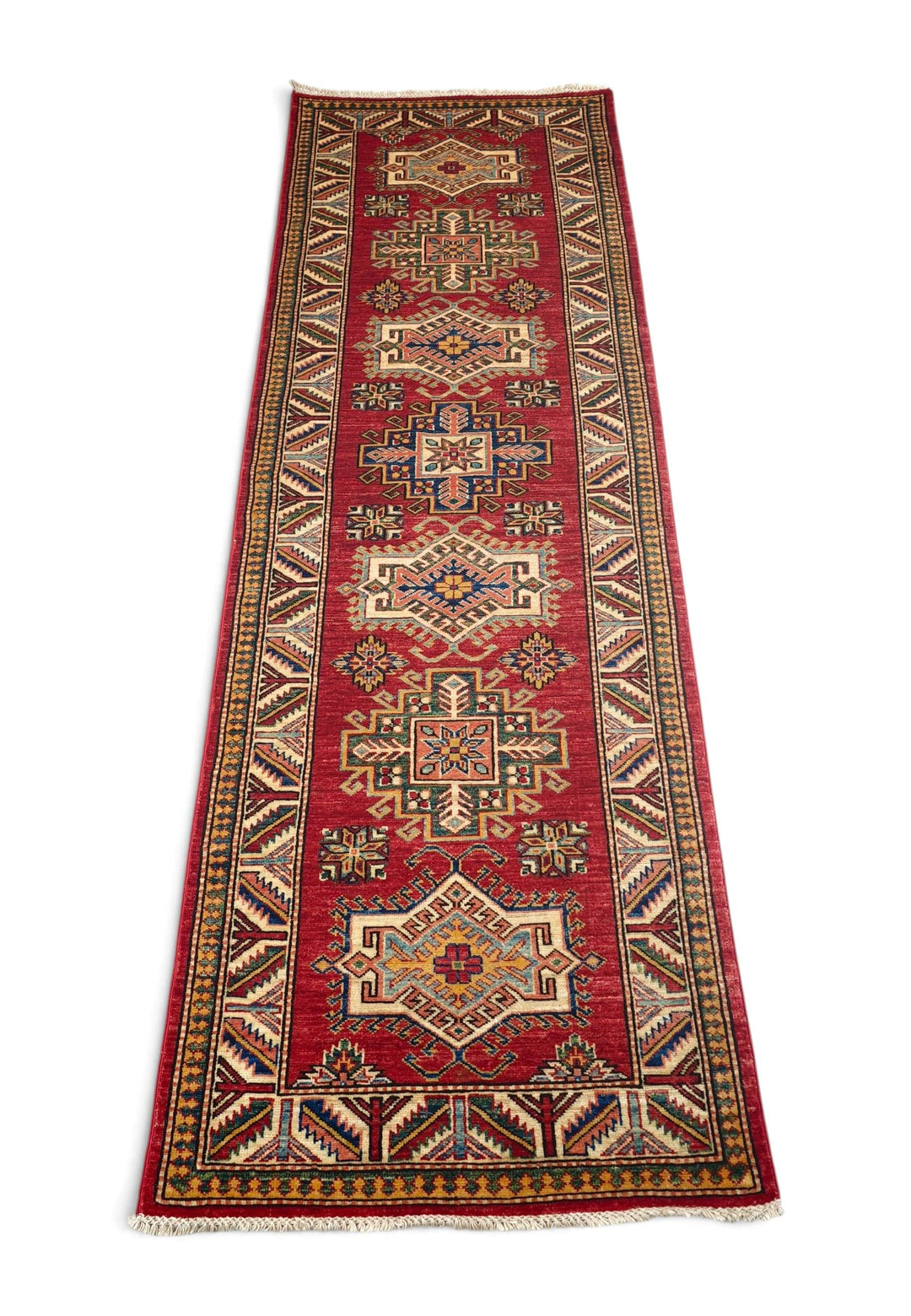 Border detail of deep red Kazak hand-knotted runner
