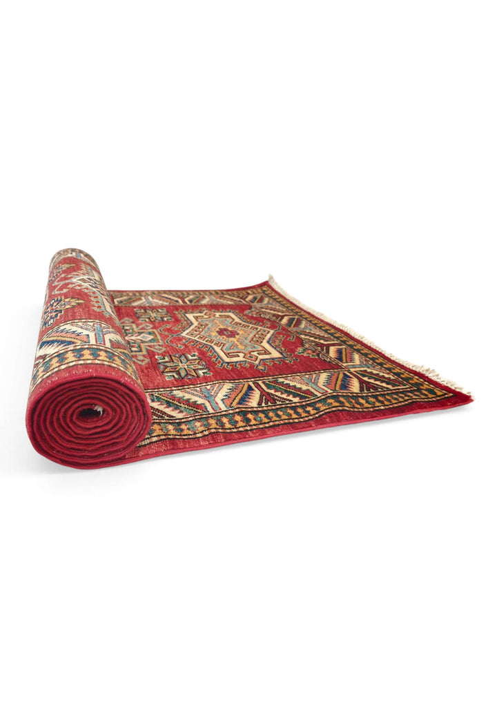 One-of-a-kind deep red stepped medallion Kazak runner