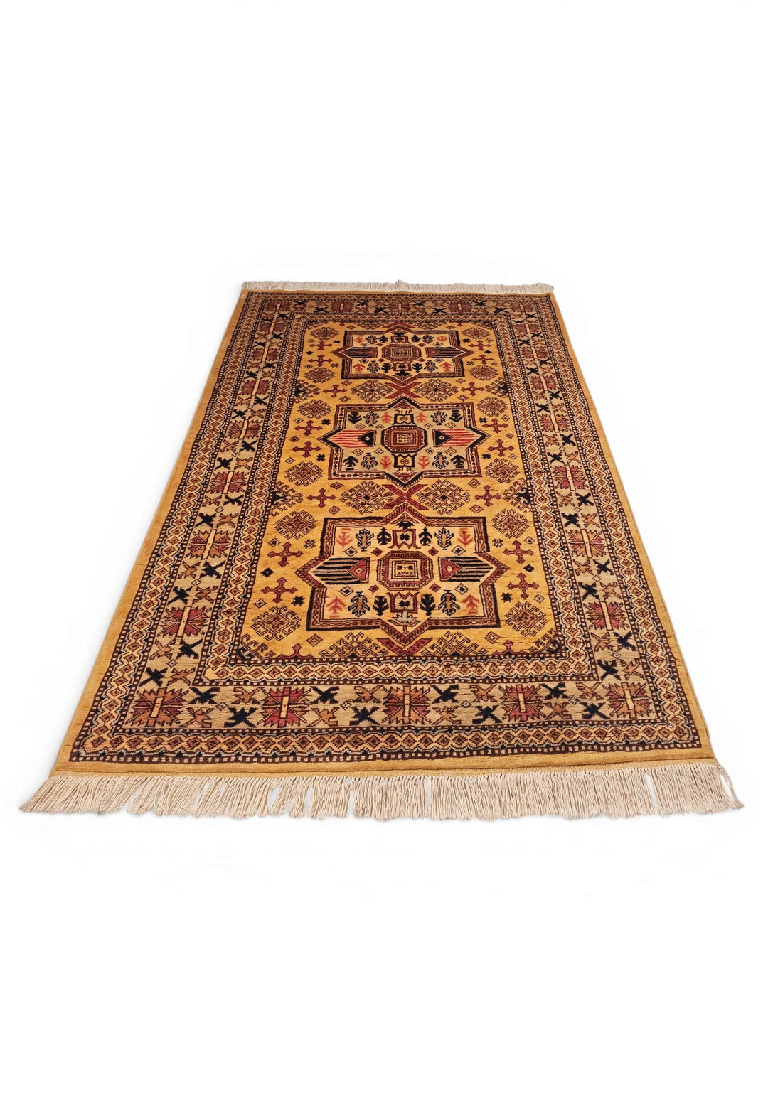 Border detail of gold star medallion Kazak rug