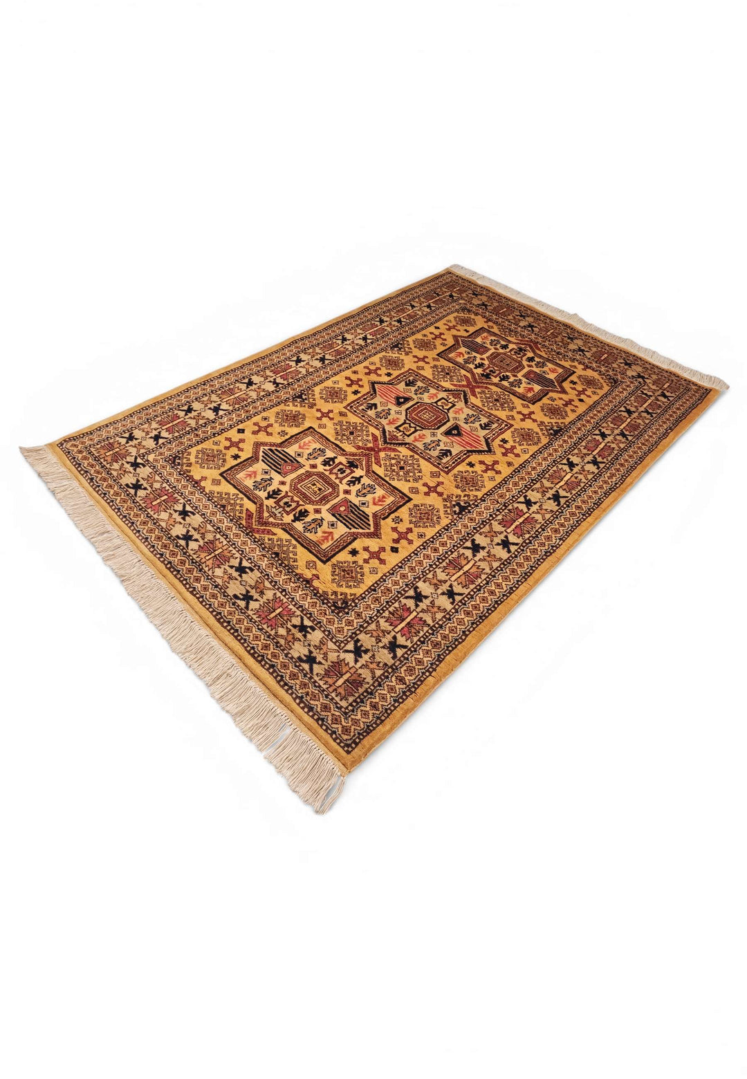 Gold star medallion Kazak rug 122×176cm, bold geometry