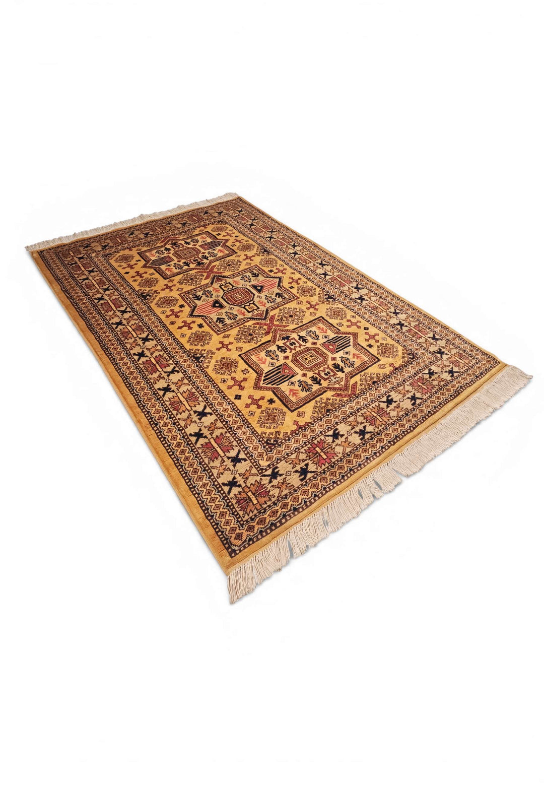 One-of-a-kind gold star medallion Kazak rug