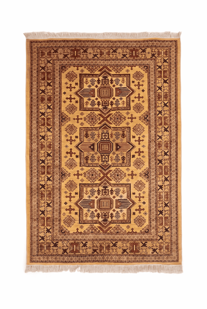 Gold tribal star Kazak rug, 131×187cm, about 1.5 tatami
