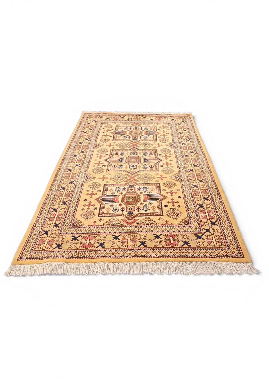 Border detail of gold tribal star Kazak rug