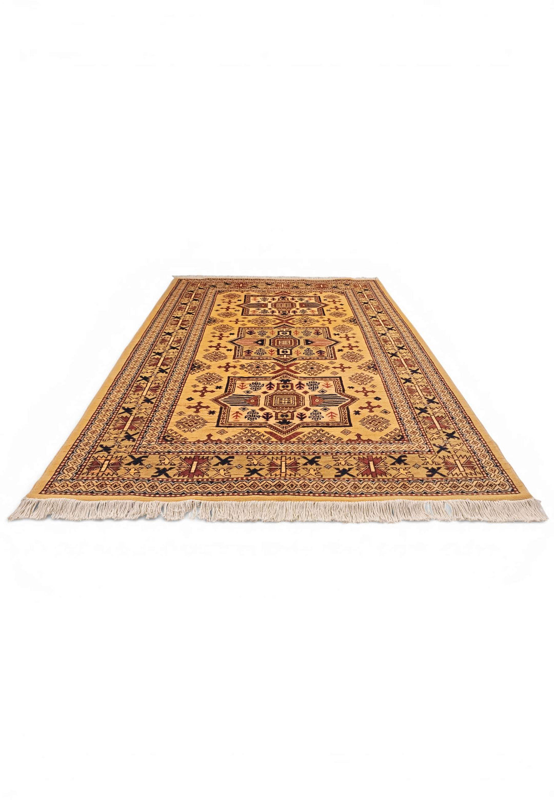 One-of-a-kind gold tribal star Kazak rug
