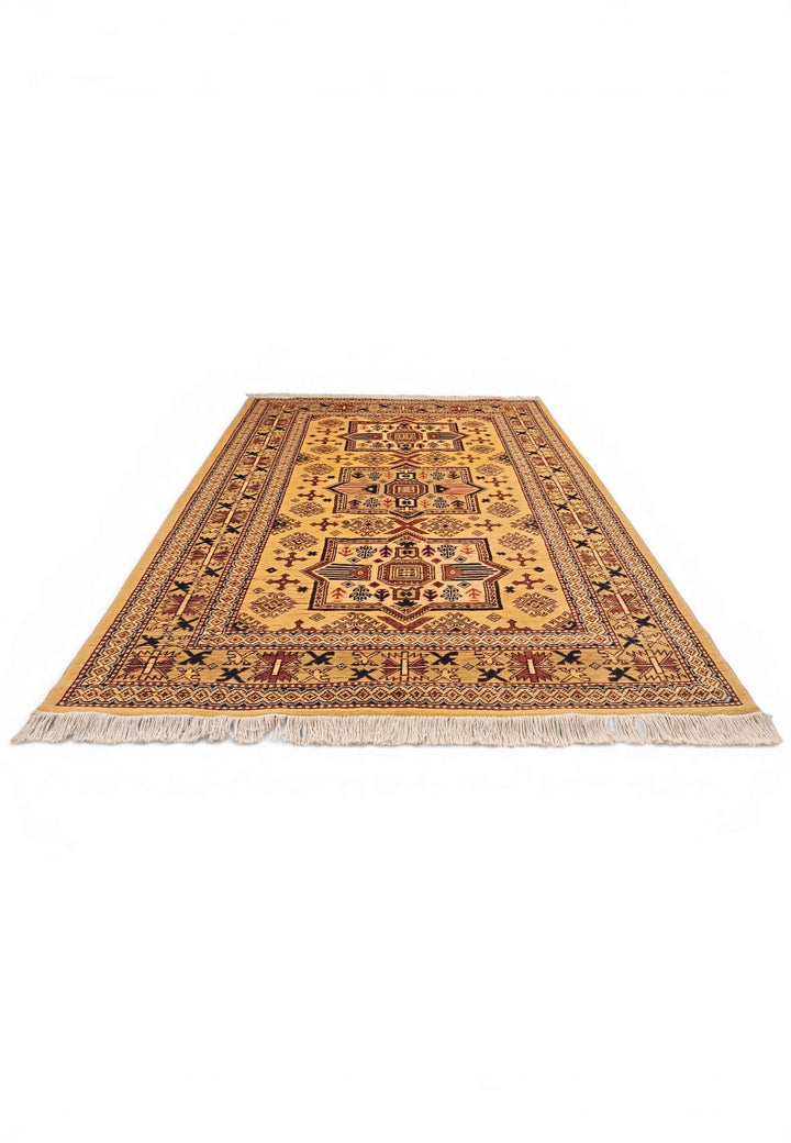One-of-a-kind gold tribal star Kazak rug