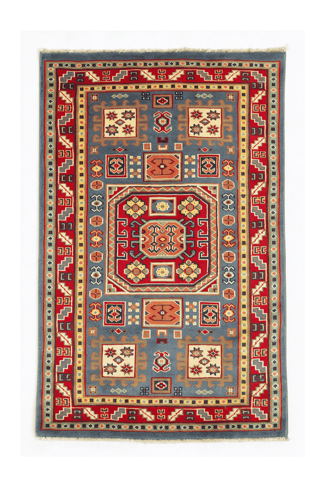 Gray Afghan Kazak Rug, geometric design, hand-knotted, 63×91cm