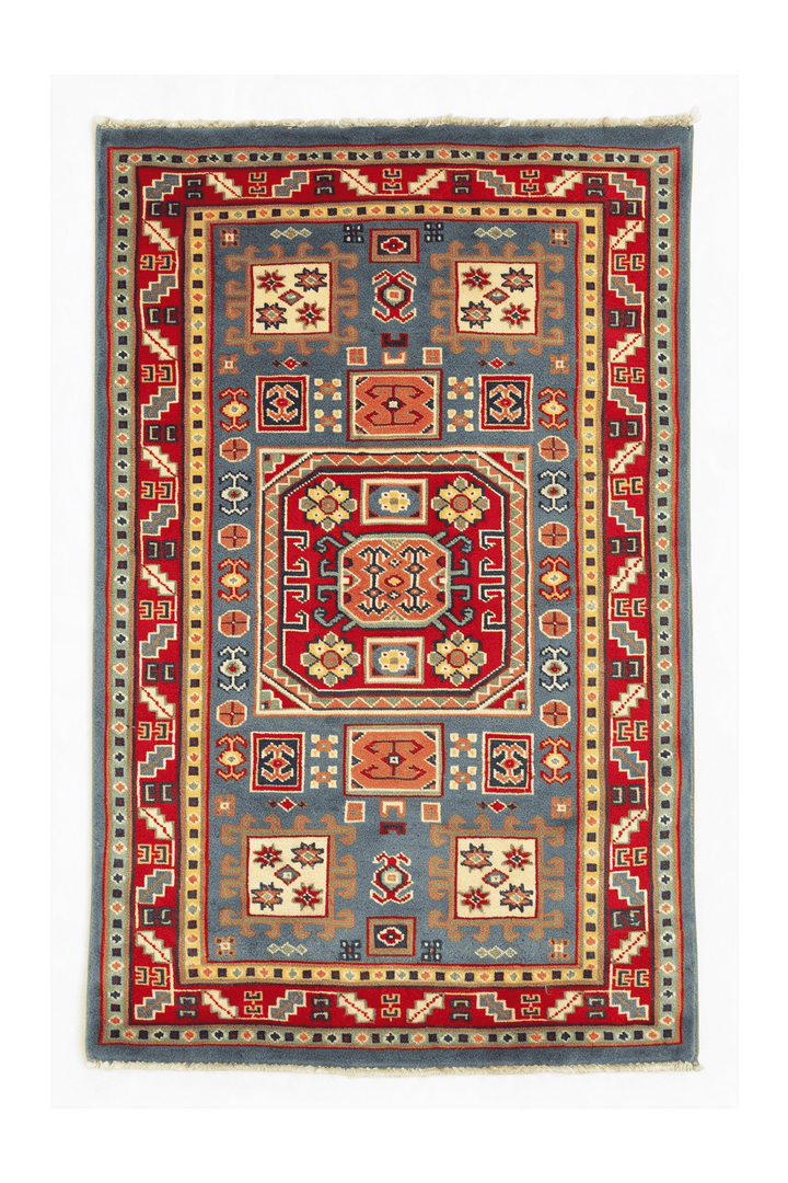 Gray Afghan Kazak Rug, geometric design, hand-knotted, 63×91cm